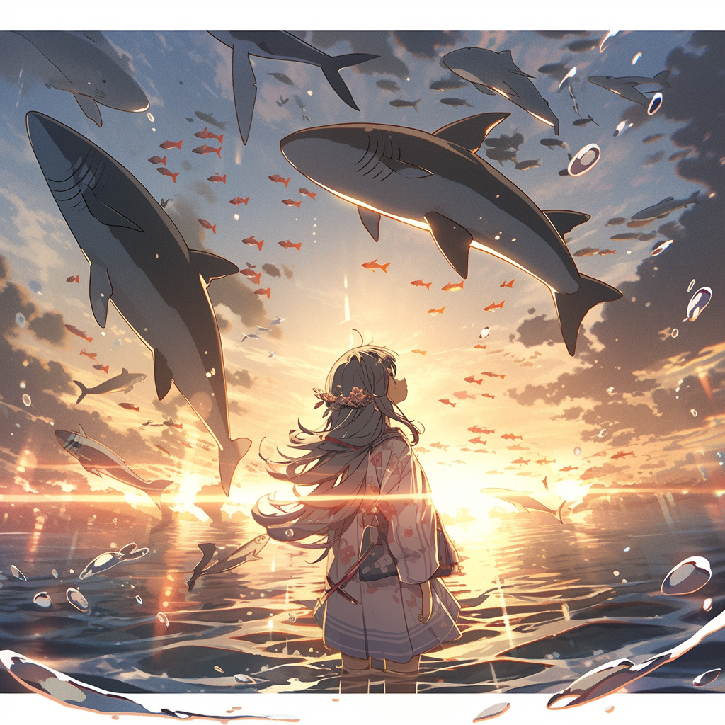 A giant shark swims with a girl at sunset.