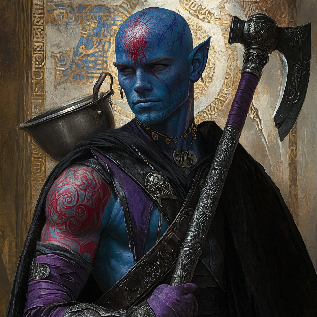 A giant warrior in blue with red tattoos