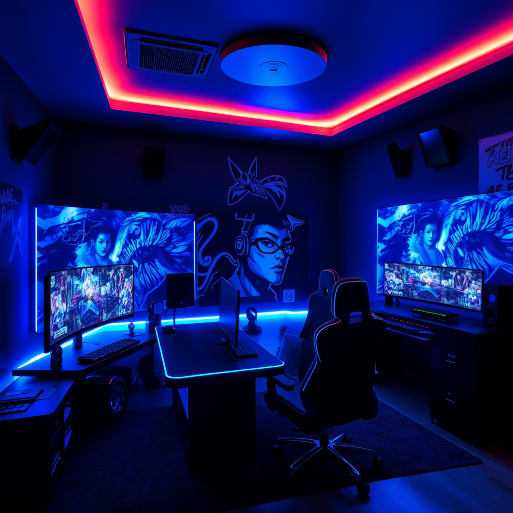 A girl's blue and black gaming room with neon.