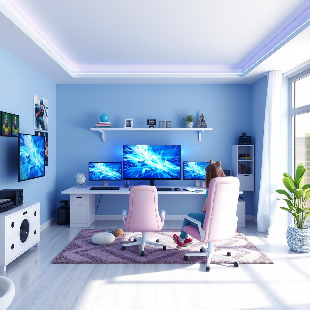 A girl's blue gaming room with a desk.