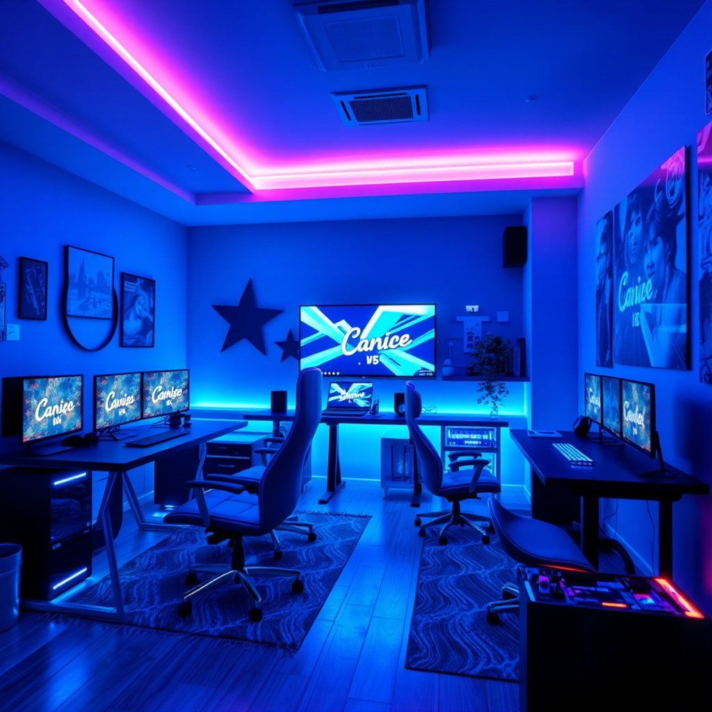 A girl's gaming room with blue and white theme.