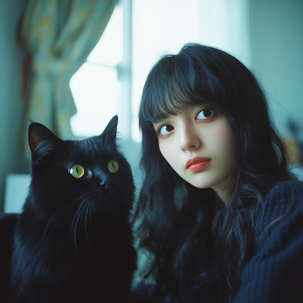 A girl and cat in '90s anime room.