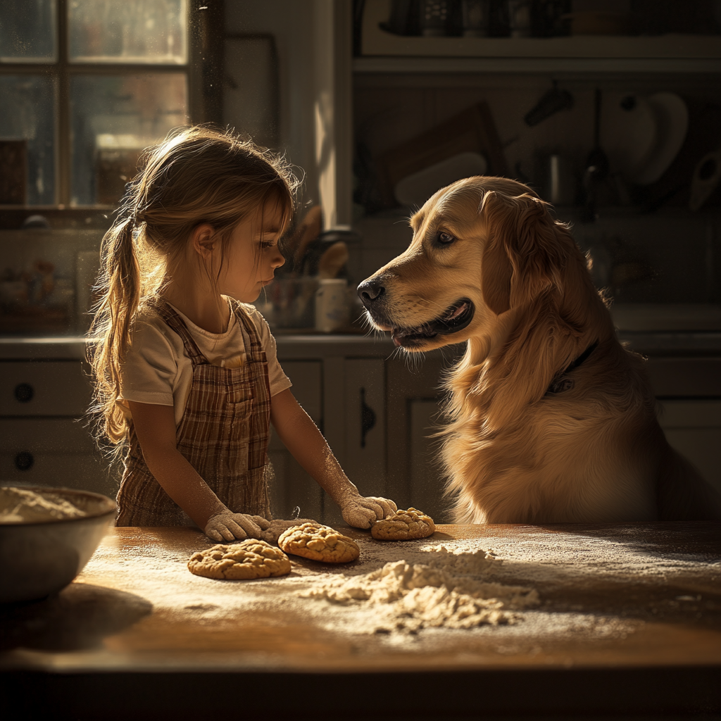 A girl and dog baking cookies in flour.