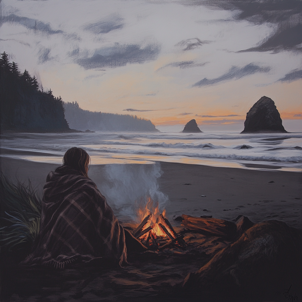 A girl by dusk campfire on Pacific Northwest beach