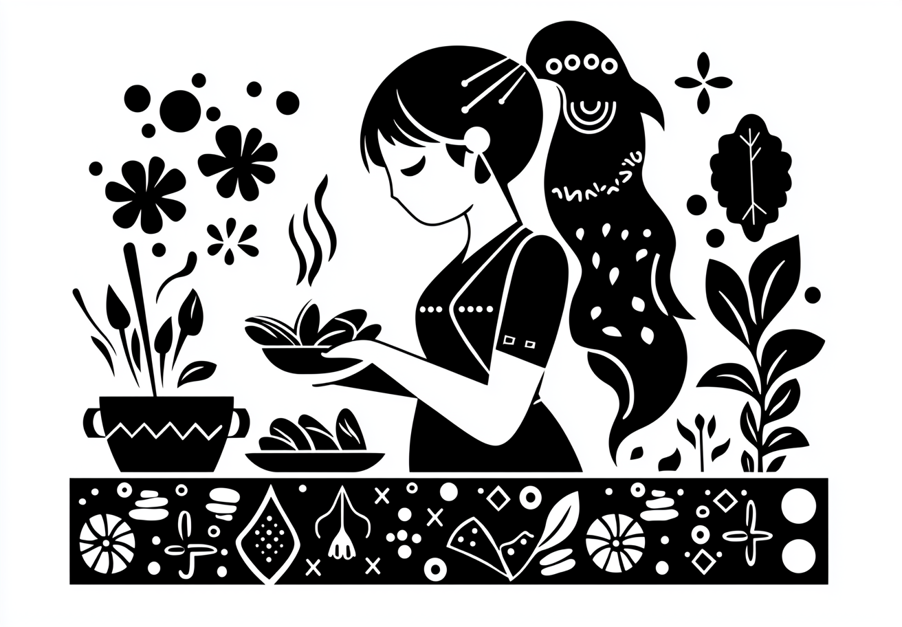 A girl cooks mussels in ancient Slavic style