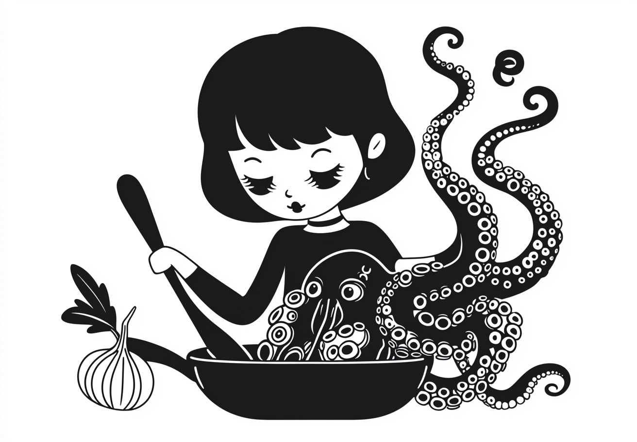 A girl cooks octopus with onions in pan