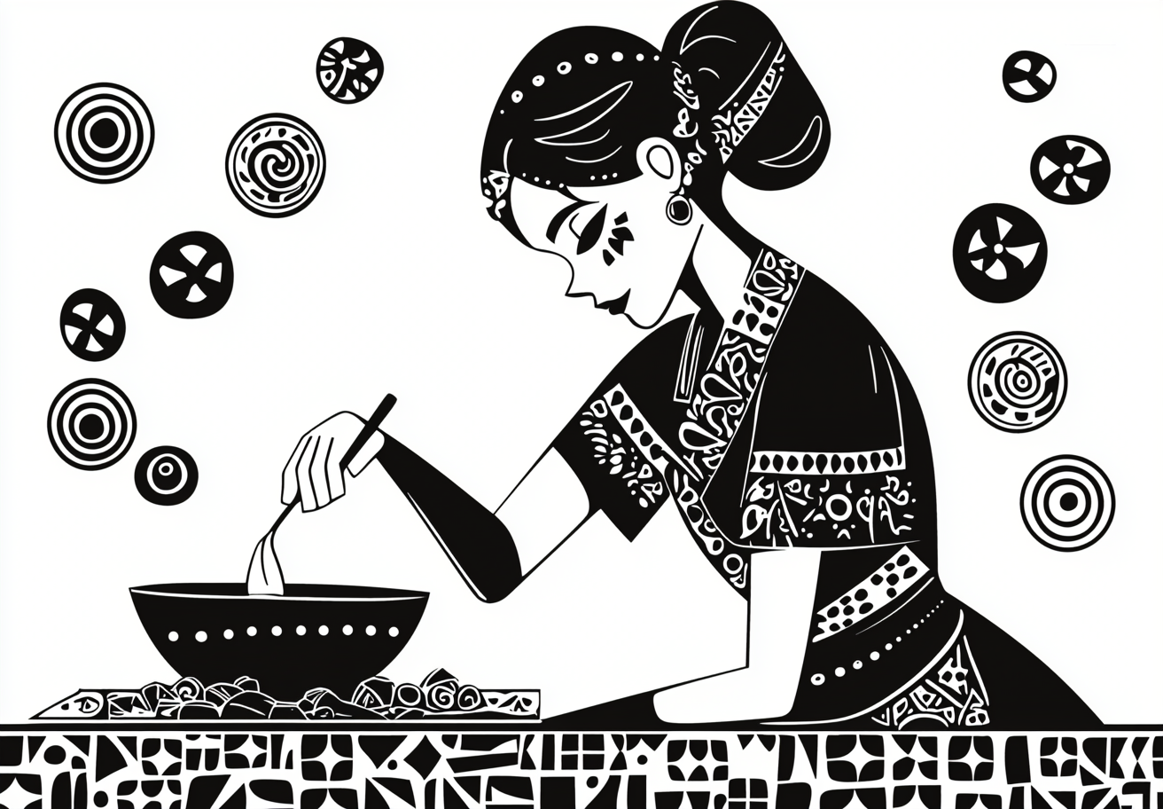 A girl cooks orecchiette in ancient Slavic icon