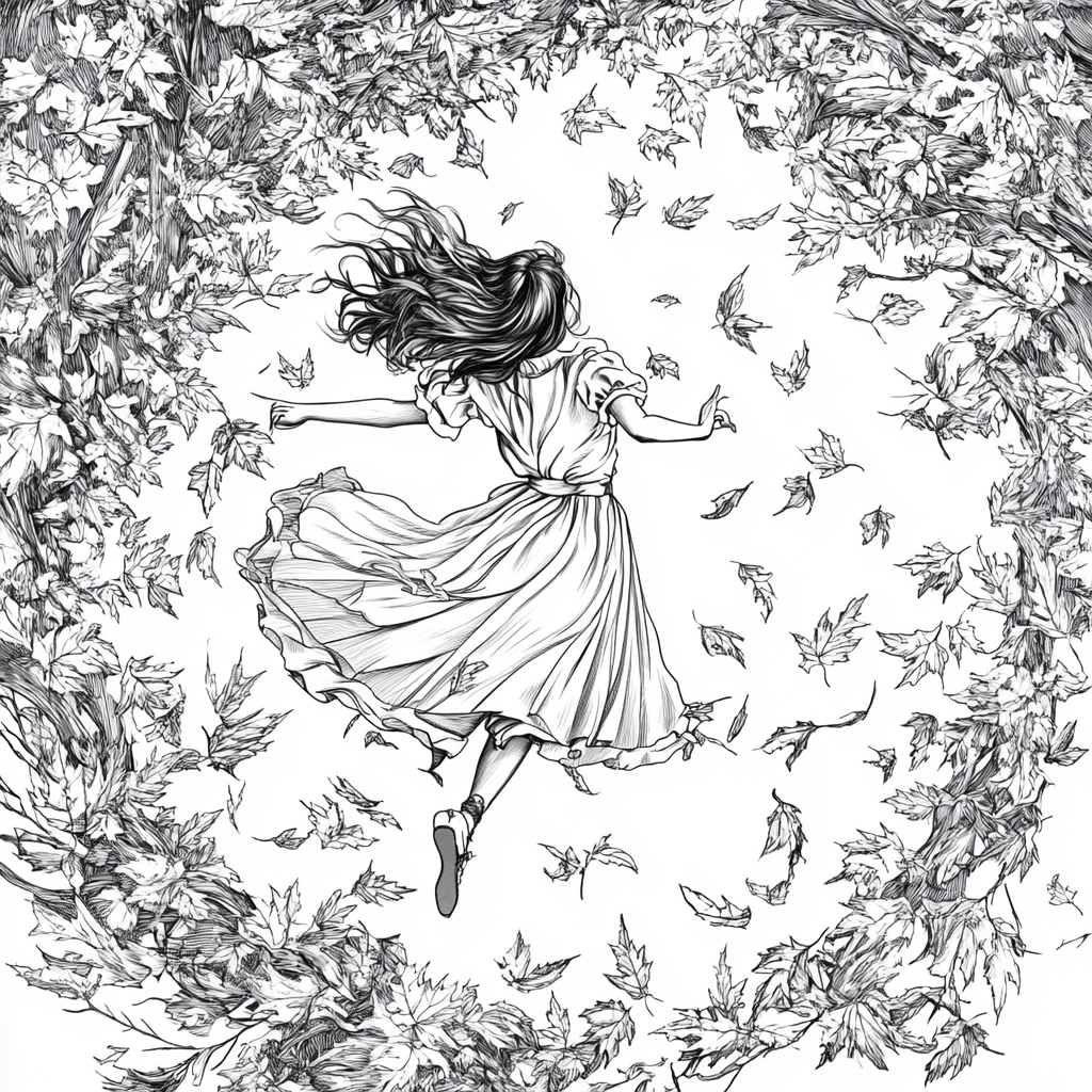 A girl dancing in autumn park coloring page