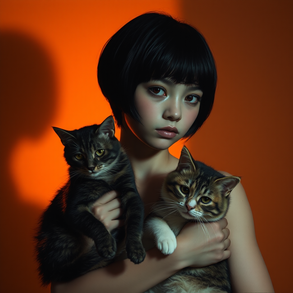 A girl holding two cats in bright light.