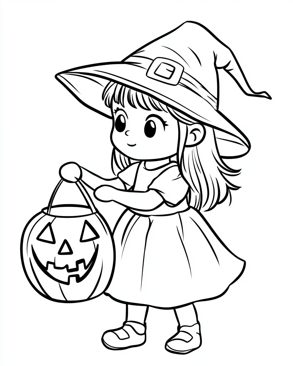 A girl in a witch hat trick-or-treating.