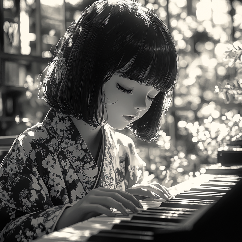 A girl in kimono playing piano in black&white