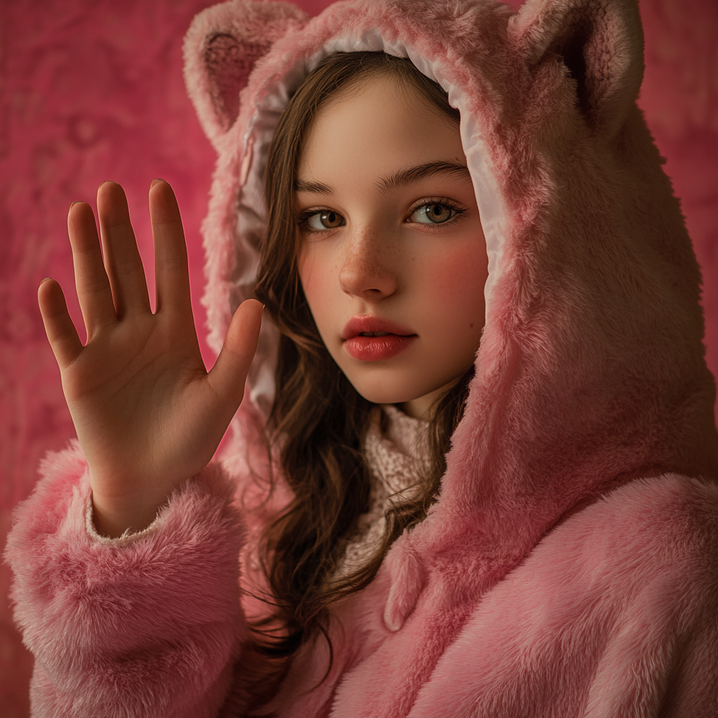 A girl in pink animal cape posing playfully