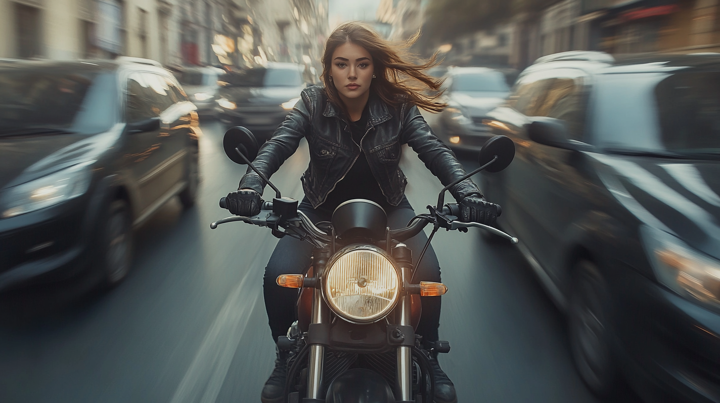 A girl on a motorcycle weaving through traffic