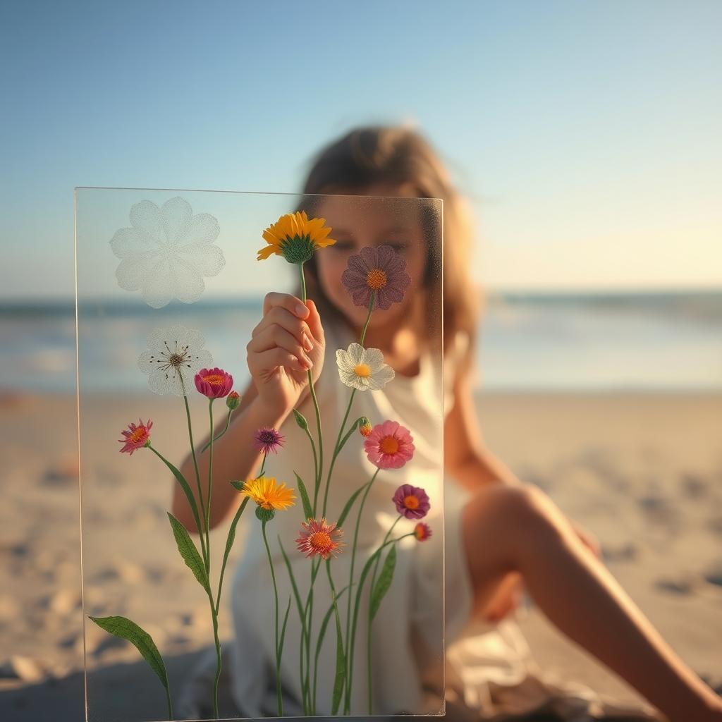 A girl painting on glass at flower beach.