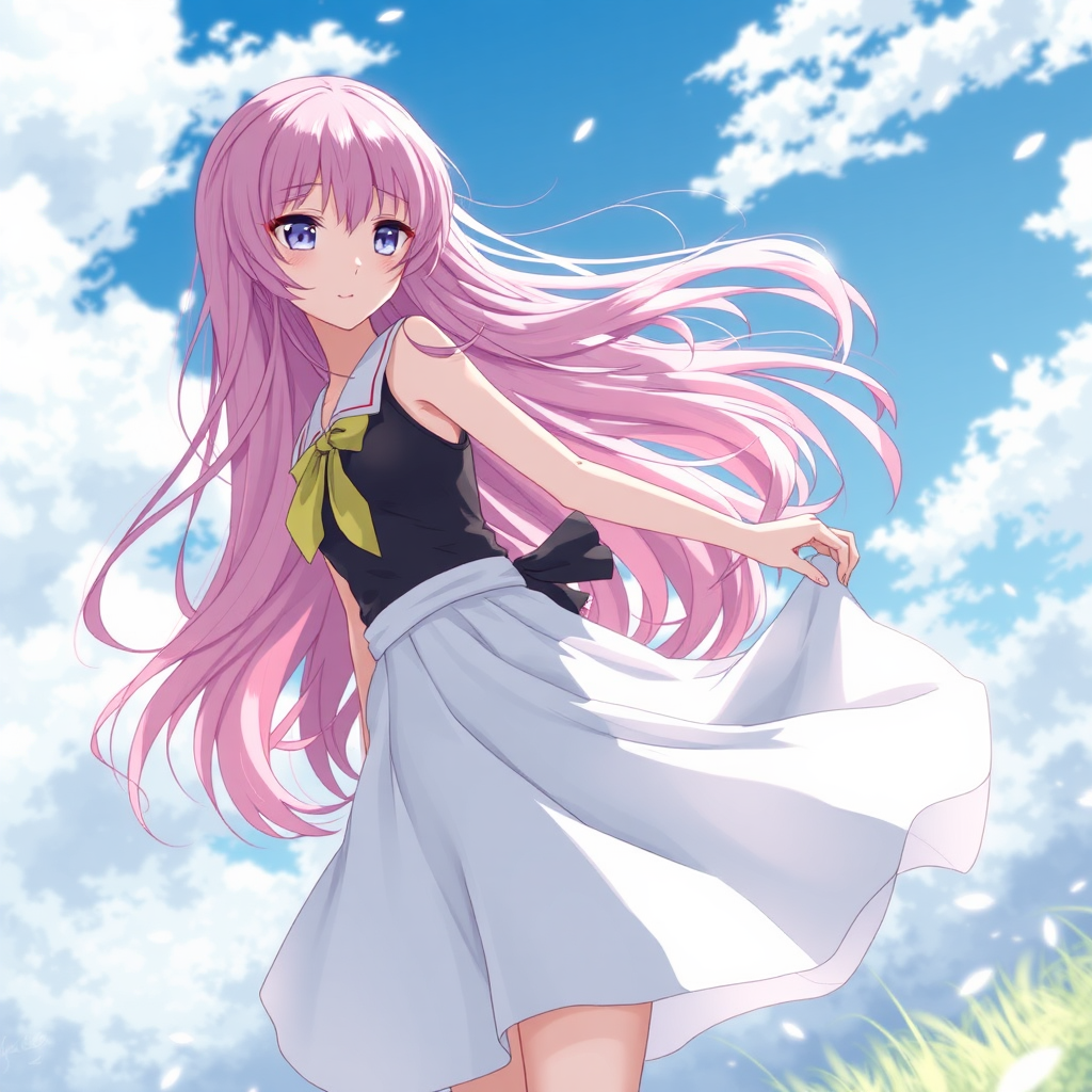 A girl with pink hair and a white skirt