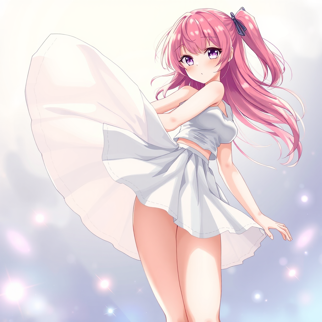 A girl with pink hair and white skirt