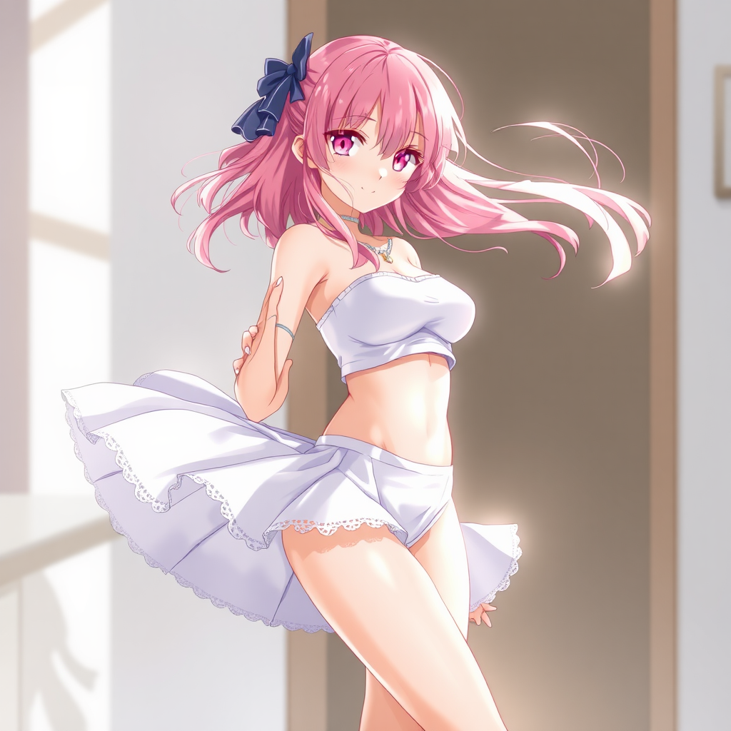 A girl with pink hair shows white panties.