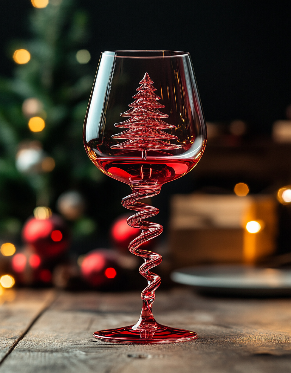 A glass of red wine with Christmas tree stem