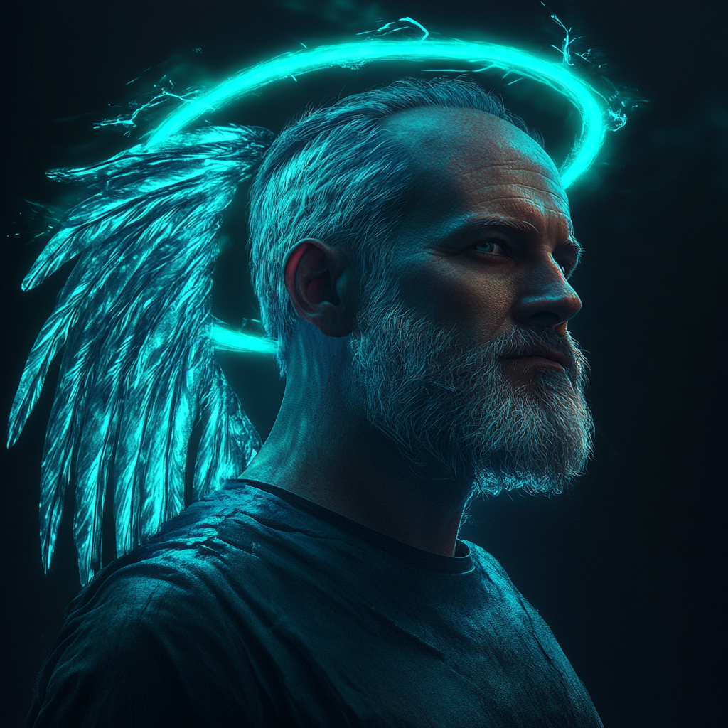 A glowing man with cyan wings and halo