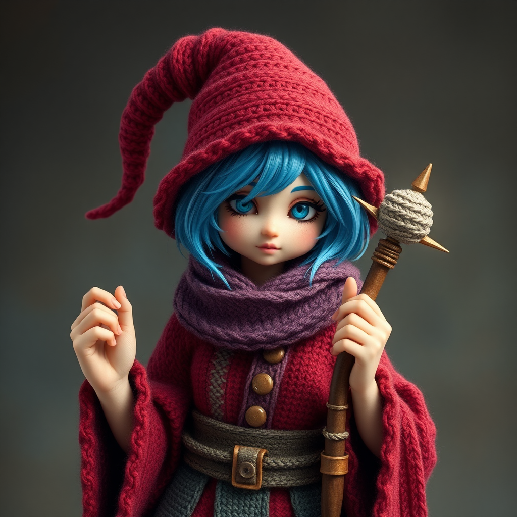 A gnome wizard with blue hair and a crochet wand.