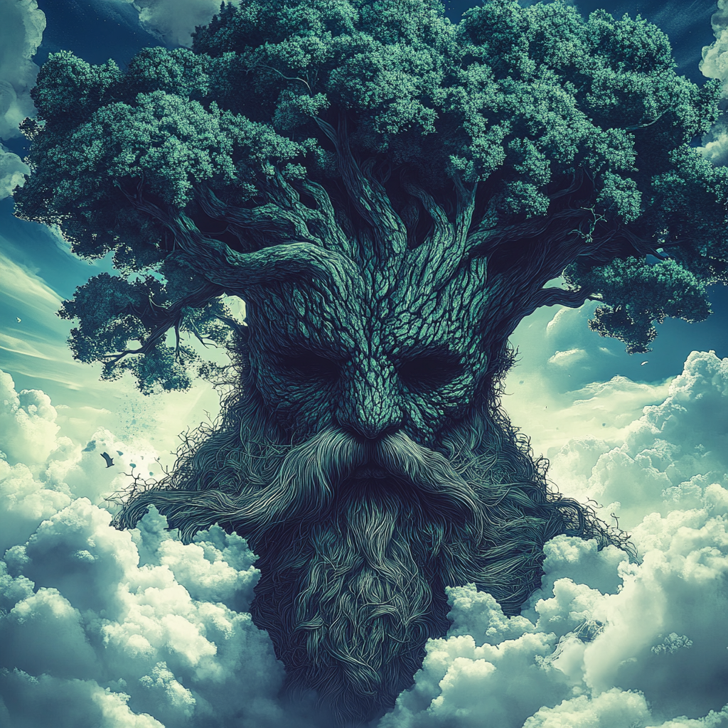 A god-like ent overlooks mystical forest from clouds