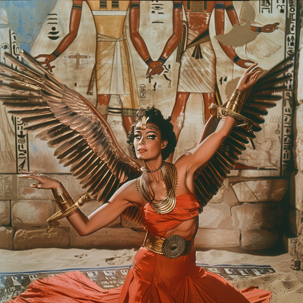 A goddess in red dress with outstretched wings.