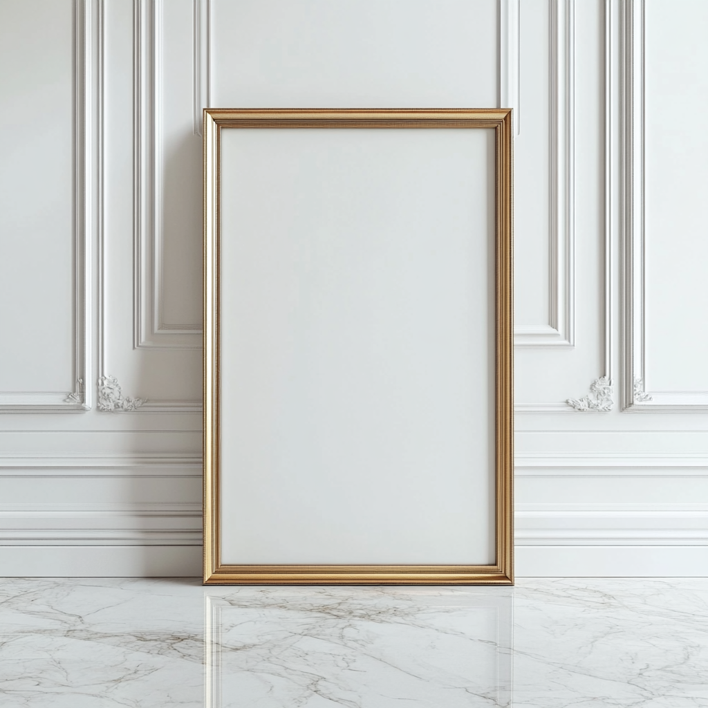 A gold frame on white wall awaits photo