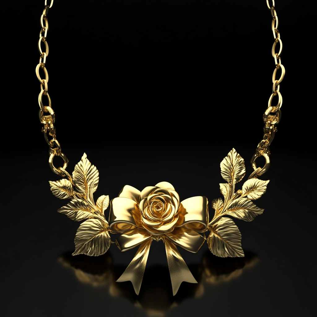 A gold rose necklace on black background.