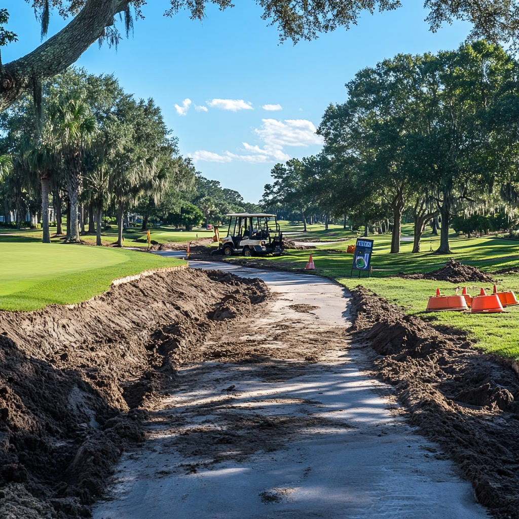 A golf cart path being repaired on a course.