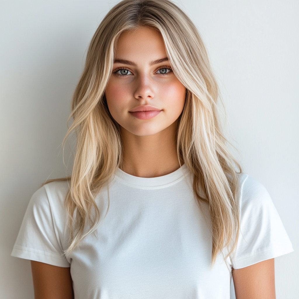 A gorgeous blonde girl wearing a white T-shirt