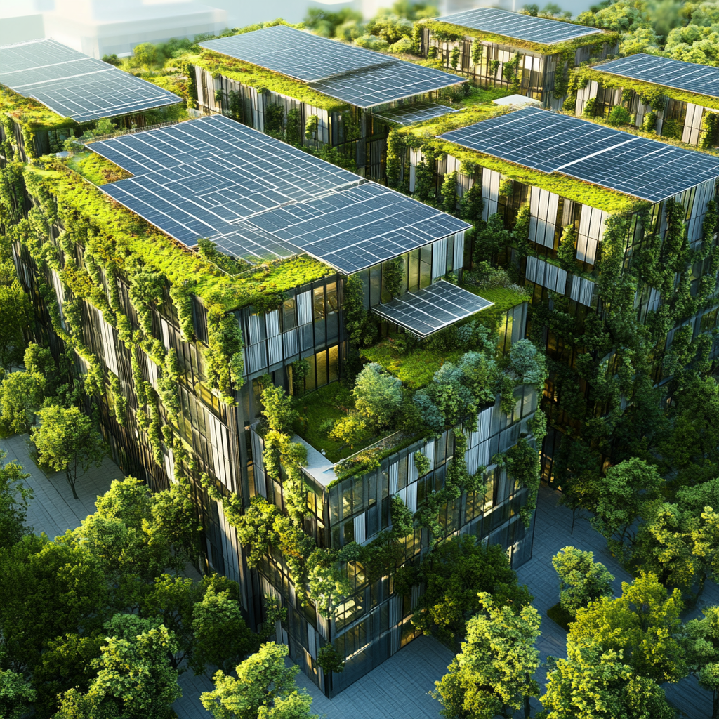 A green, eco-friendly factory with solar panels