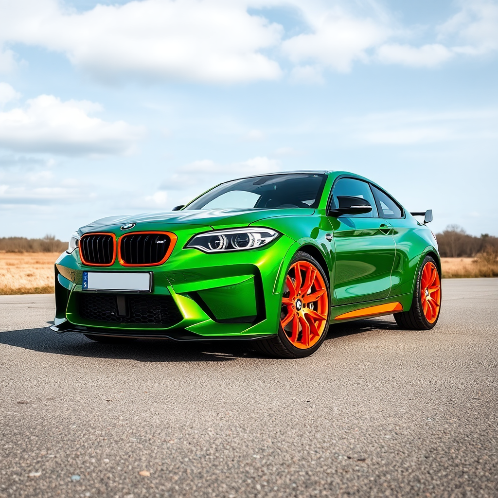 A green and orange BMW car.