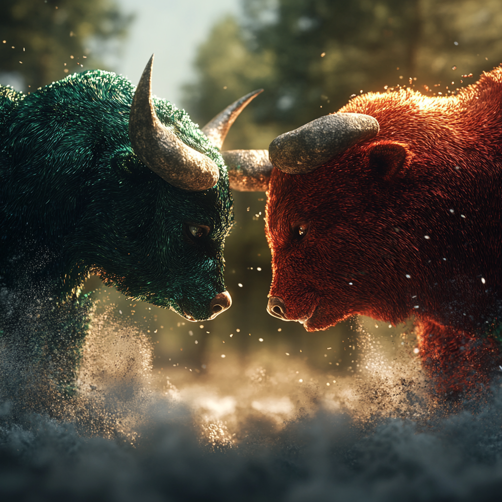 A green bull defeats a red bear in battle.