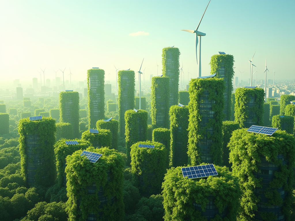 A green city with solar panels and wind turbines.