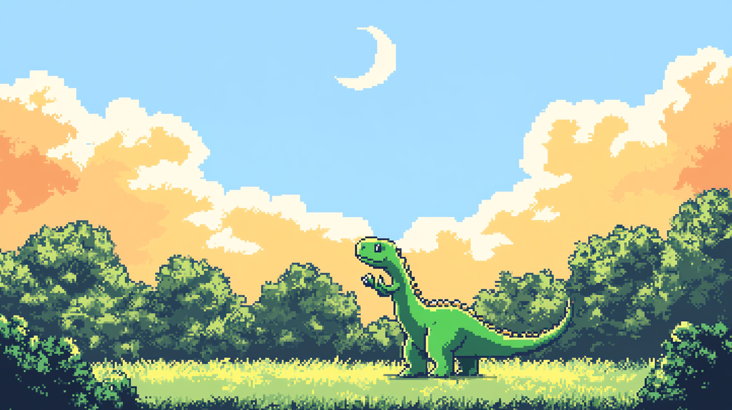 A green dinosaur waving in sunny 8-bit clearing