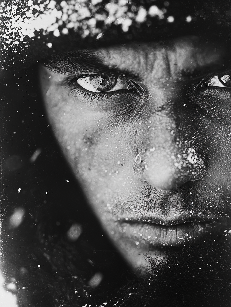 A grim Soviet soldier in black and white