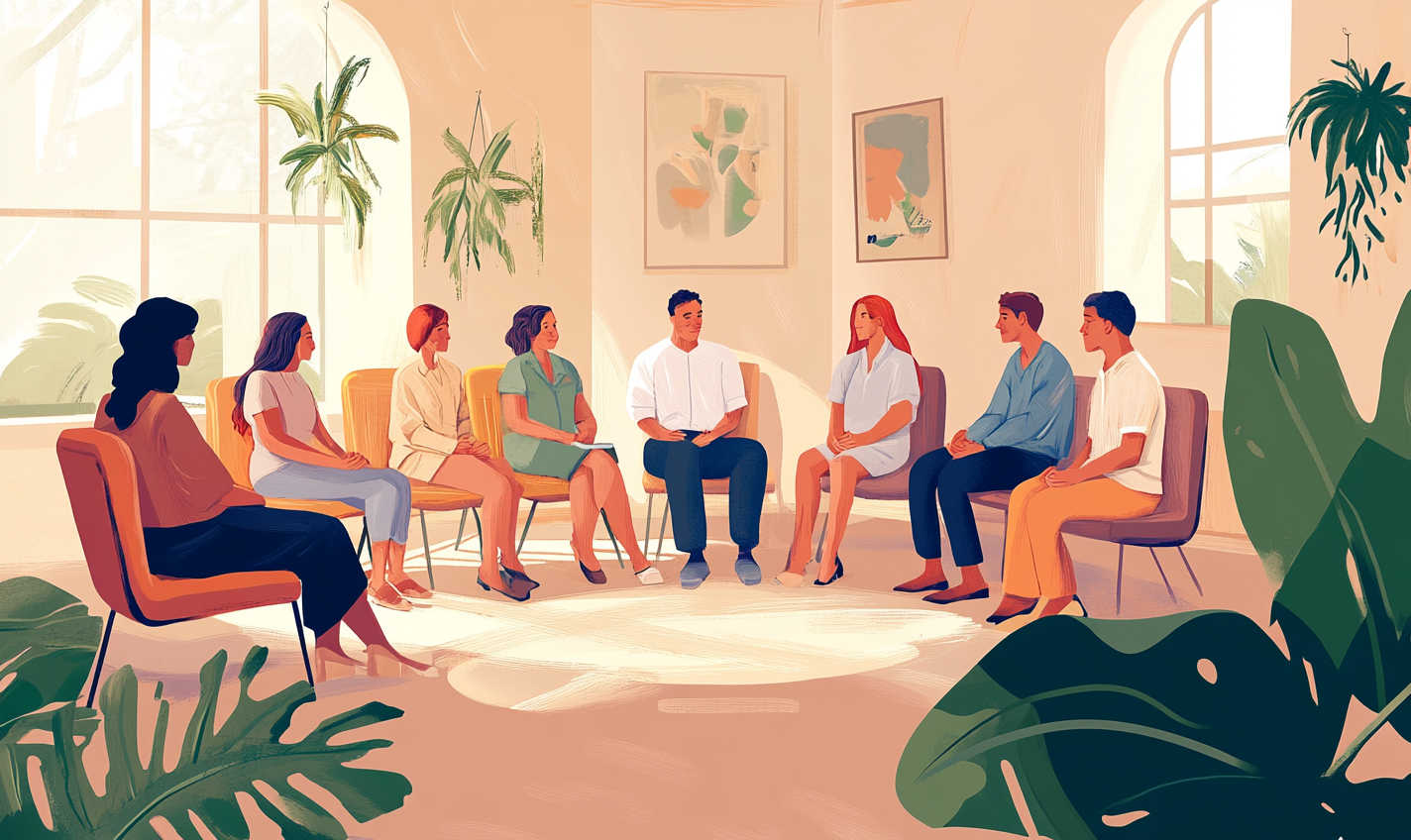 A group of people in therapy sharing emotions.