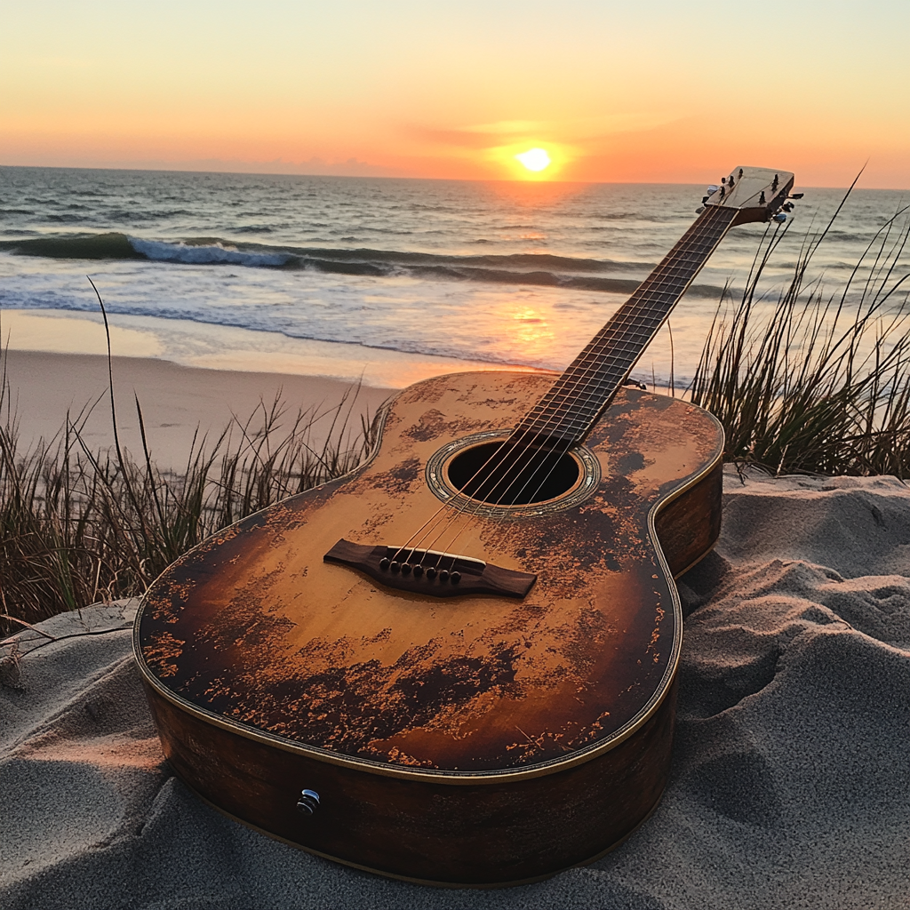 A guitar on sand with ocean and sunset scene.