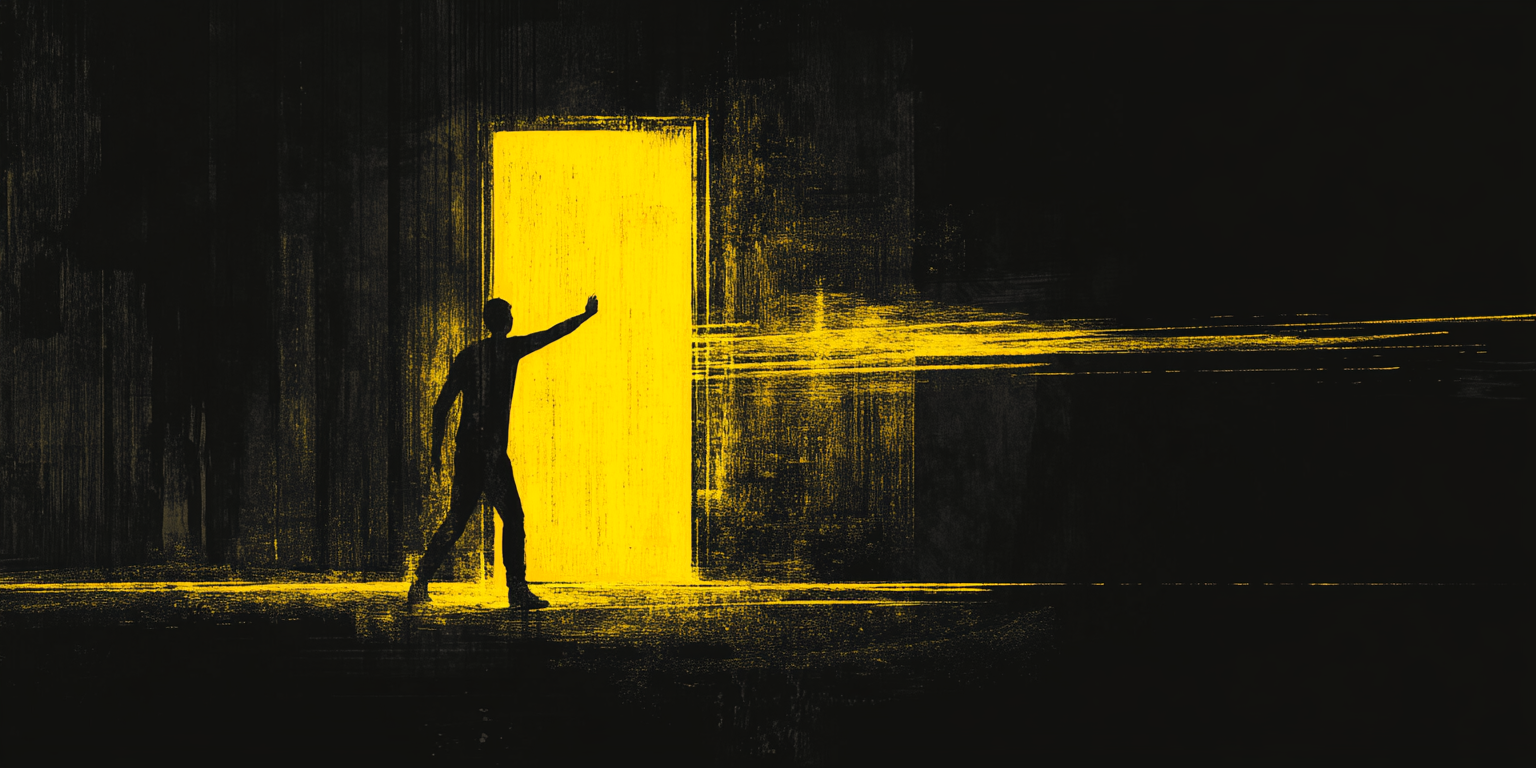 A guy pulling a yellow door in modern room.