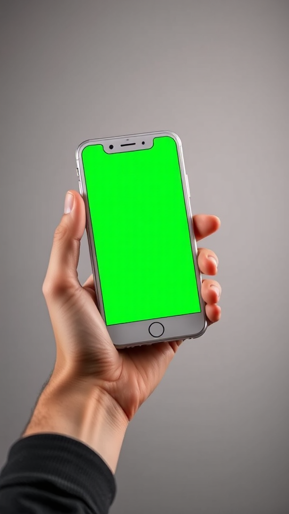 A hand holding a white iPhone with green screen.