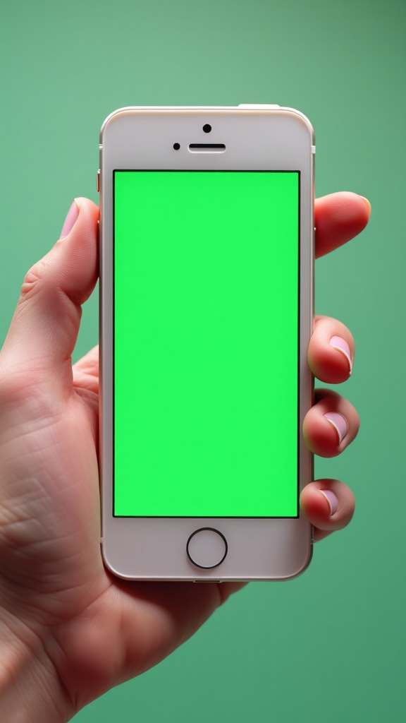 A hand holding a white iPhone with green screen.