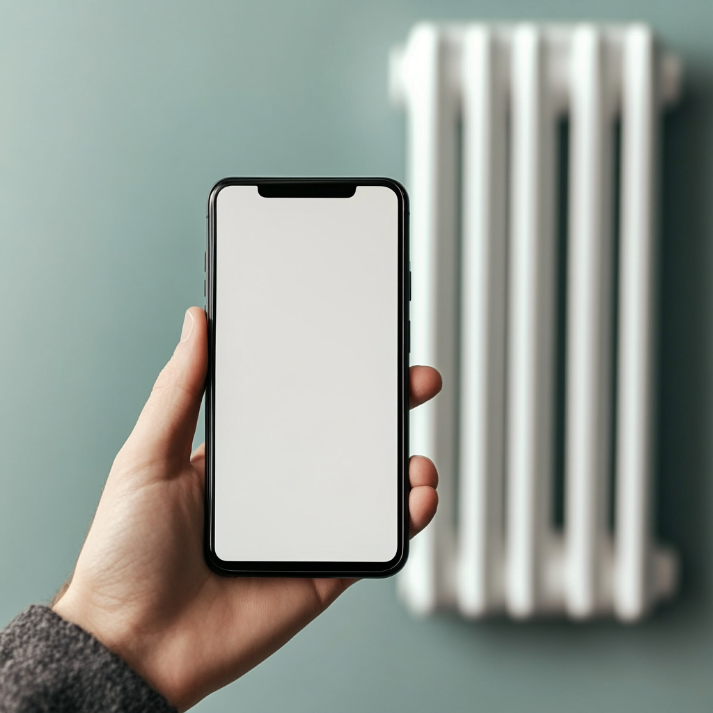 A hand holds phone next to heating system