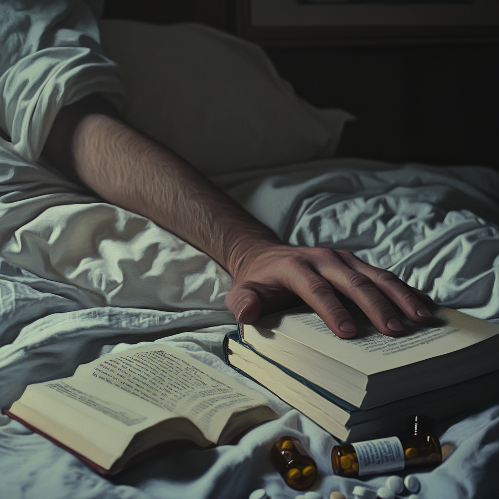 A hand on bed with books & pill bottles