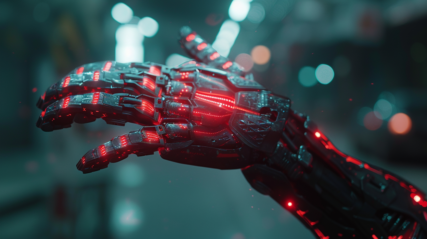 A hand with red laser glove guides robot