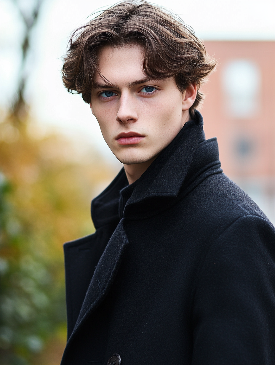 A handsome 21-year-old man in black coat