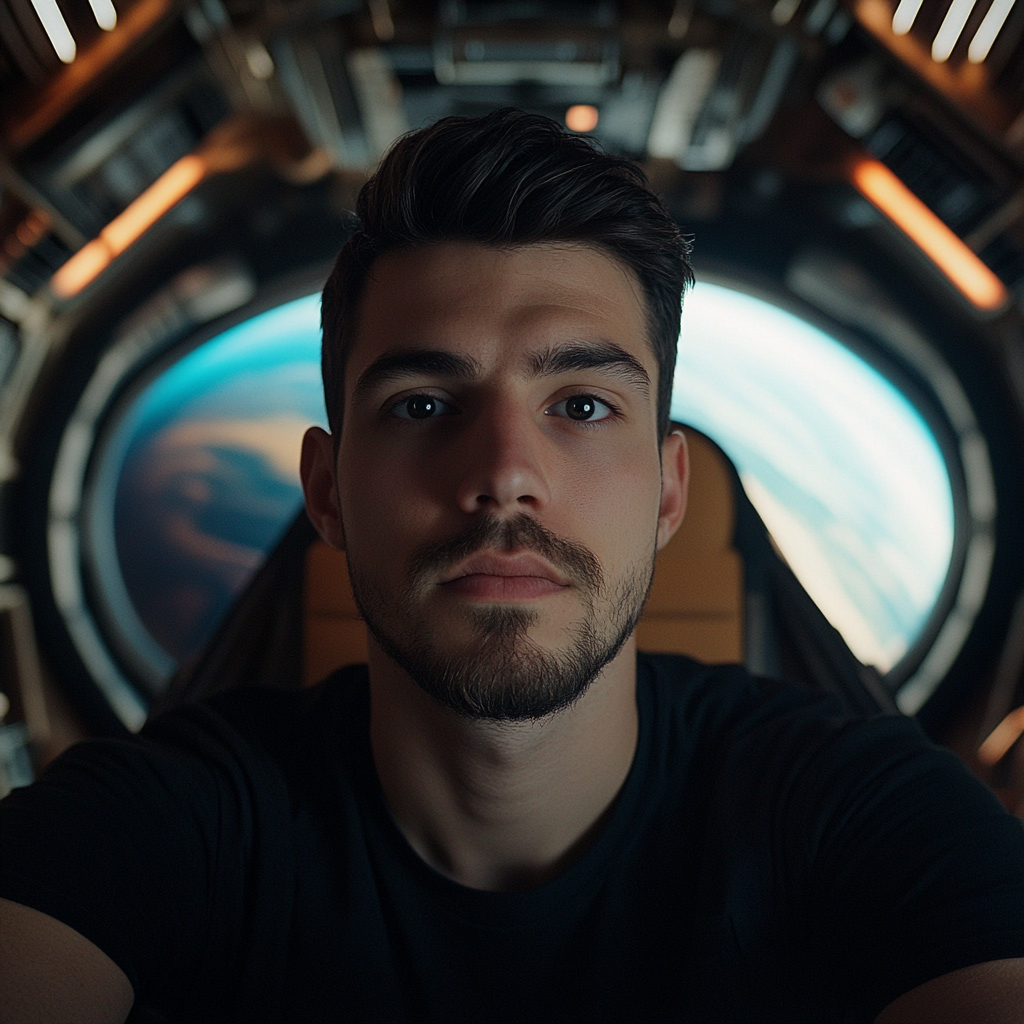 A handsome male influencer in spaceship, looking at camera.