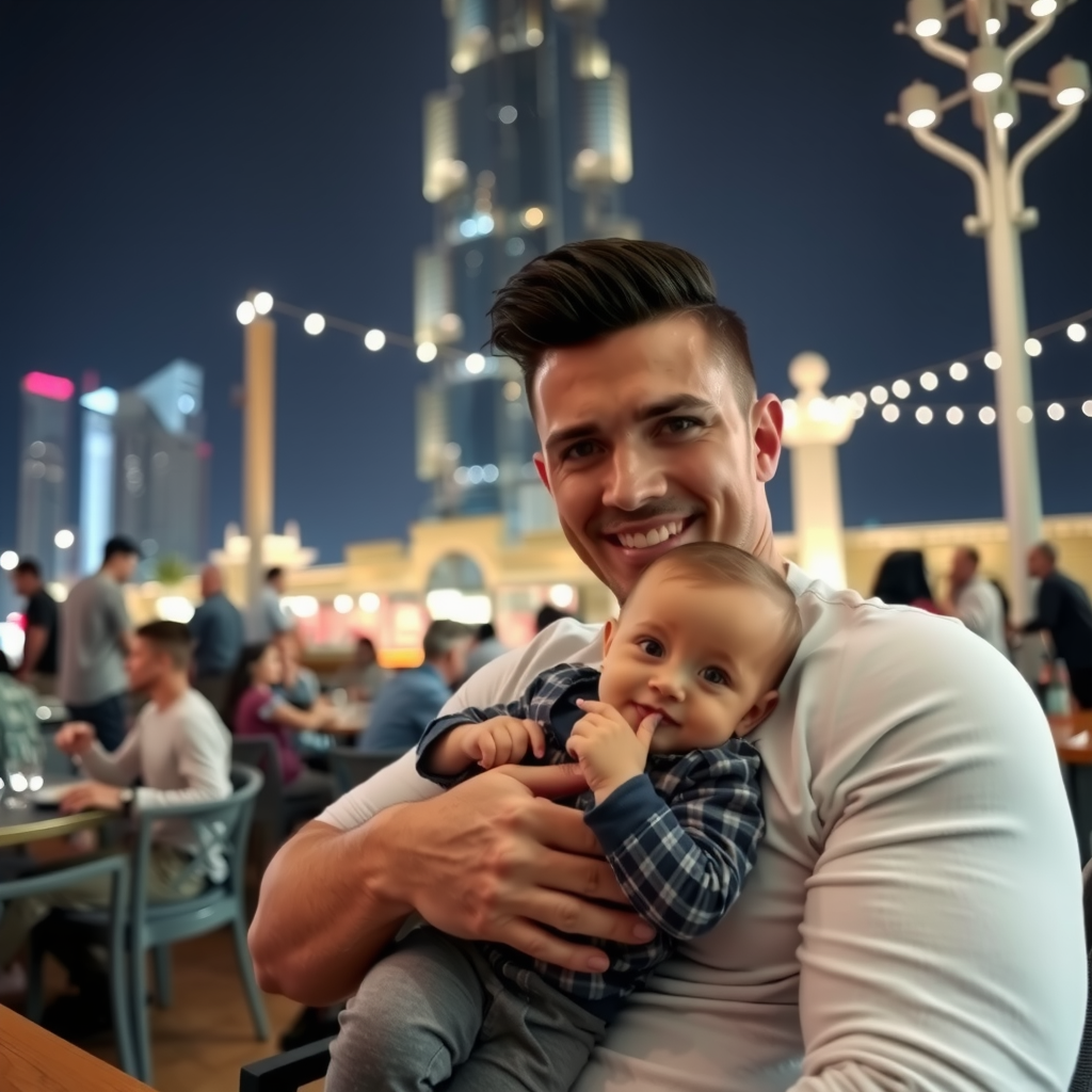 A handsome man holding a baby boy outdoors.