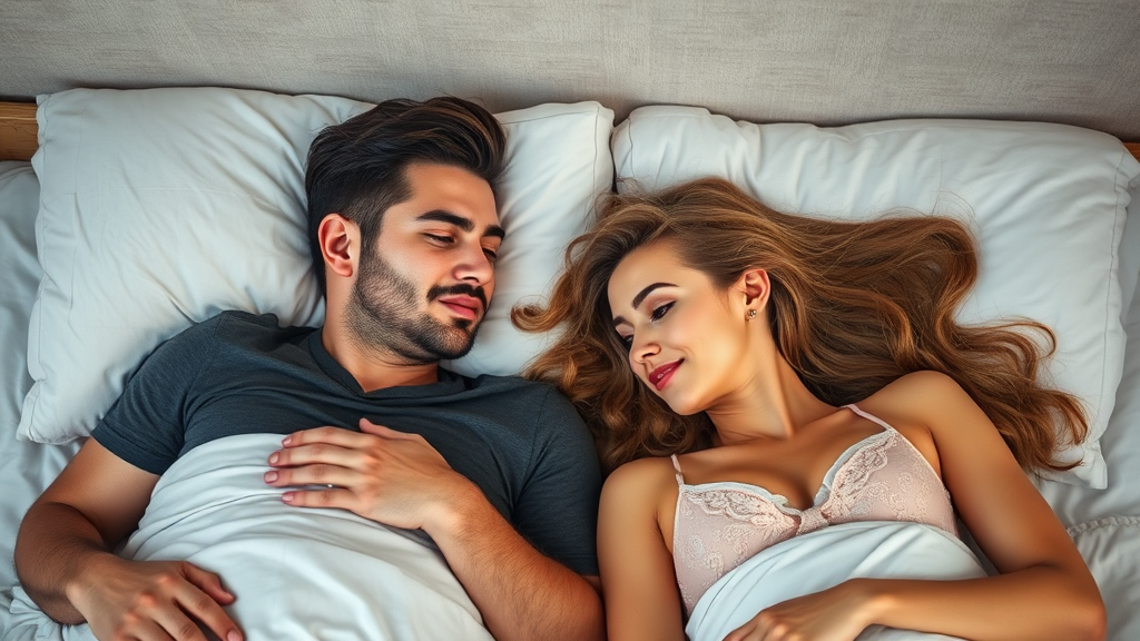 A handsome man lies next to beautiful woman.