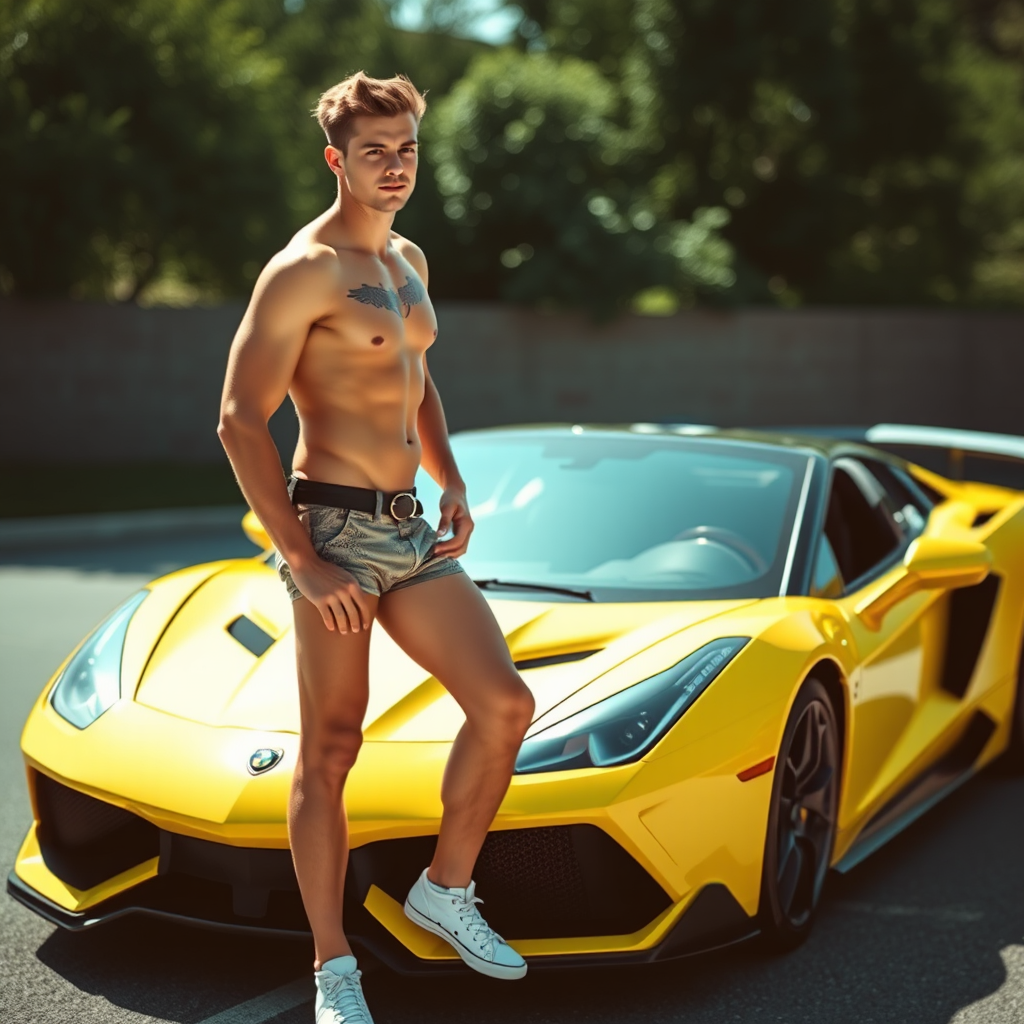 A handsome man standing on the red car.