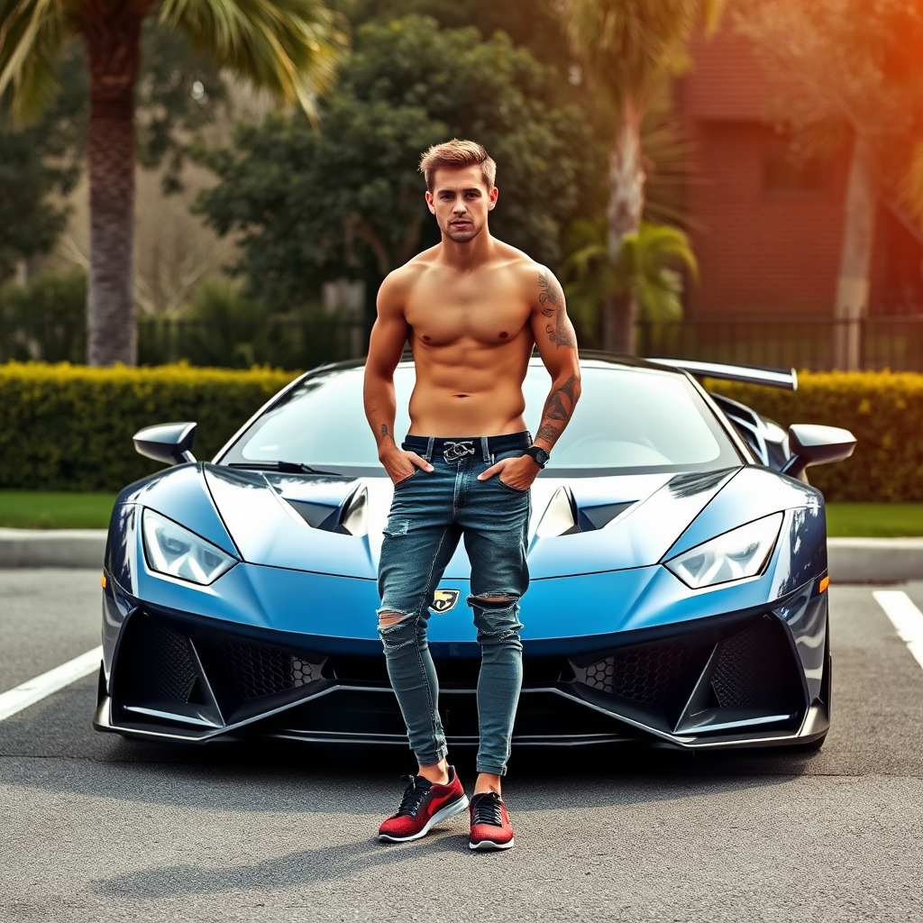 A handsome man standing on the sports car.